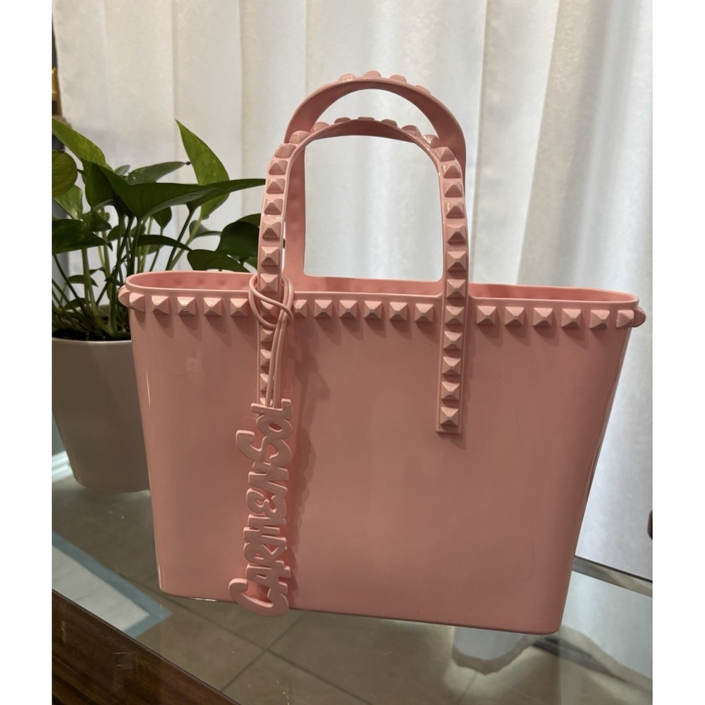 Carmen Sol Pink Studded Plastic Tote Bag for Women with Bag Charm Top Handle